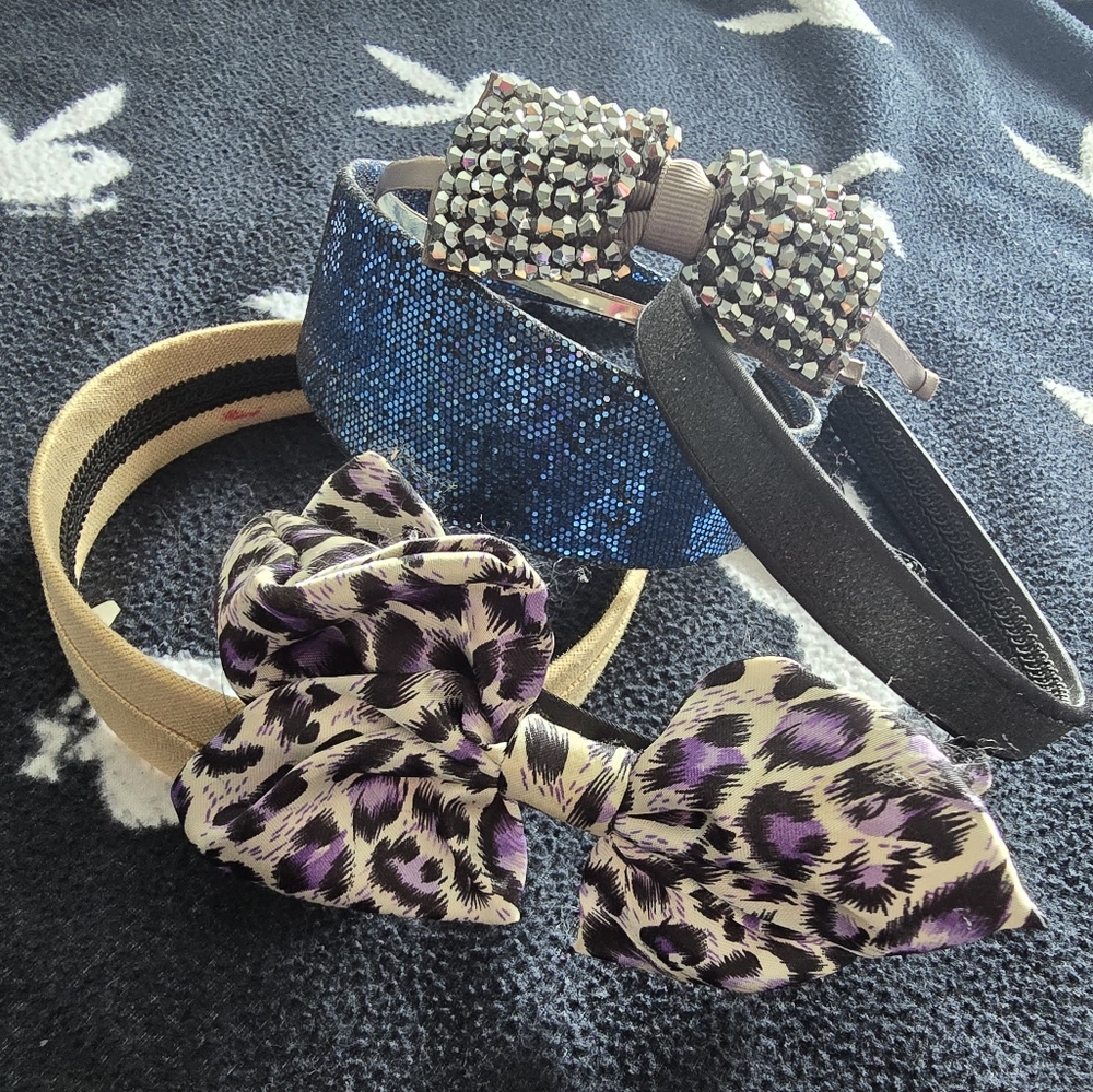 4 HeadBands And 3 New Hair Clips. Purple Leopard Bow, and Diamond Bow